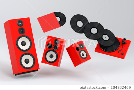 Set of Hi-fi speakers and DJ turntable for sound recording studio on white 104832469