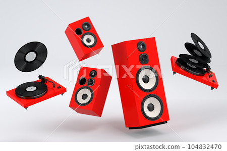 Set of Hi-fi speakers and DJ turntable for sound recording studio on white Set of Hi-fi speakers and DJ turntable for sound recording studio on white 104832470
