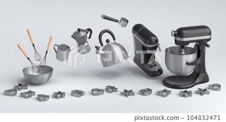 Mixer and bowl with kitchen utensil for preparation of dough on white background Mixer and bowl with kitchen utensil for preparation of dough on white background 104832471