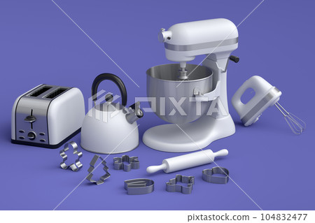 Mixer and bowl with kitchen utensil for preparation of dough on violet Mixer and bowl with kitchen utensil for preparation of dough on violet 104832477