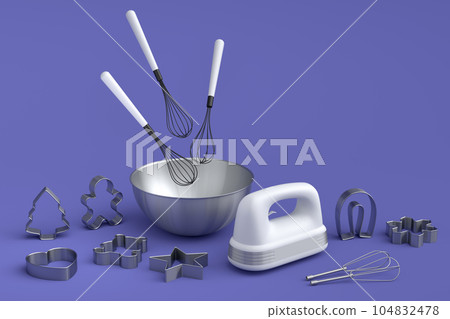 Mixer and bowl with kitchen utensil for preparation of dough on violet Mixer and bowl with kitchen utensil for preparation of dough on violet 104832478