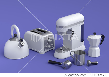 Kitchen appliances and utensils for making breakfast on violet background 104832479