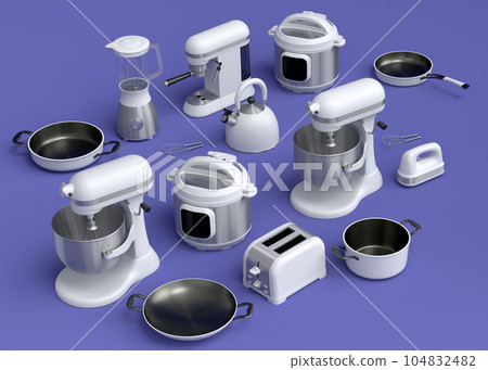 Kitchen appliances and utensils for making breakfast on violet background Kitchen appliances and utensils for making breakfast on violet background 104832482