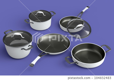 Set of flying stewpot, frying pan and chrome plated cookware on violet 104832483