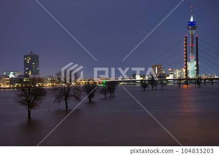 Beautiful evening view of trees in the flooded Rhine river near Duesseldorf 104833203