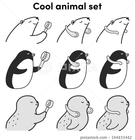 Illustration set of animals using cool goods (polar bear, penguin, seal) (black and white) Illustration set of animals using cool goods (polar bear, penguin, seal) (black and white) 104833482
