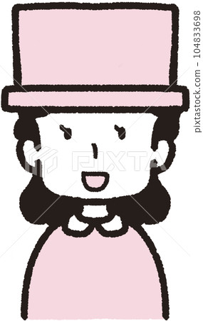 Upper body illustration of a woman wearing a top hat and smiling while facing the front Upper body illustration of a woman wearing a top hat and smiling while facing the front 104833698