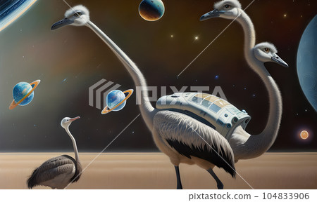The bird is not an ordinary alien species created with the help of artificial intelligence, Technology of our future in outer space. Generative AI. 104833906