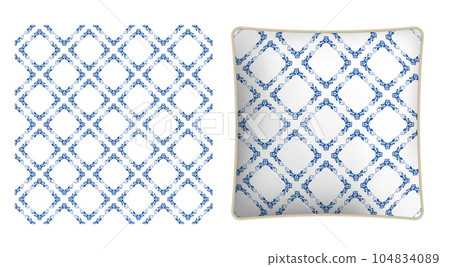 Square decorative pillow, bedroom accessory decorated geometric pattern with Grapevine scroll and tendril rhombus and square. Vector ornament for design of posters and printing on textile 104834089