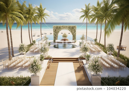 Amazing wedding venue with white flower arch at beach resort. Tropical outdoor wedding set up. Generative AI Amazing wedding venue with white flower arch at beach resort. Tropical outdoor wedding set up. Generative AI 104834220