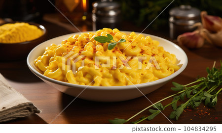 Mac and cheese in plate on rustic table setting. Traditional festive American meal. Generative AI Mac and cheese in plate on rustic table setting. Traditional festive American meal. Generative AI 104834295