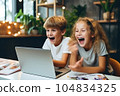 Cheerful schoolkids looking at laptop screen. Generative AI 104834325