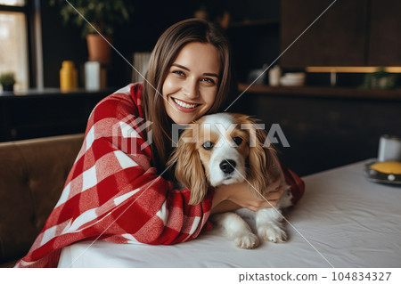 Cheerful woman hugging her beloved pet dog at home . Generative AI Cheerful woman hugging her beloved pet dog at home . Generative AI 104834327