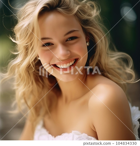 Happy bride. Young blonde woman in white off the shoulder wedding dress, smiling. Generative AI 104834330