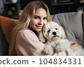 Cheerful woman hugging her beloved pet dog at home . Generative AI 104834331