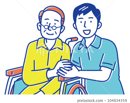 A young male caregiver holding hands and a senior man in a wheelchair A young male caregiver holding hands and a senior man in a wheelchair 104834359