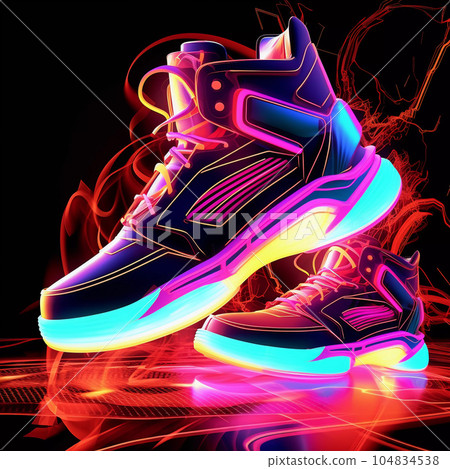 Futuristic Fashion Sneakers on Vivid Abstract Background Futuristic Fashion Sneakers on Vivid Abstract Background 104834538