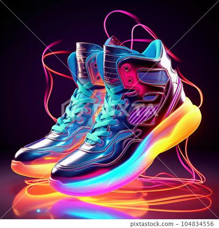 Futuristic Fashion Sneakers on Vivid Abstract Background 104834556