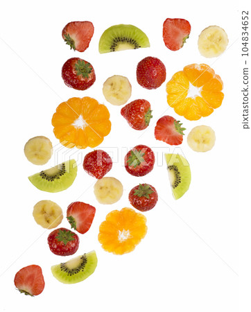 Collection of fruit orange, banana, kiwi, strawberry scattered in slices isolated on white background 104834652
