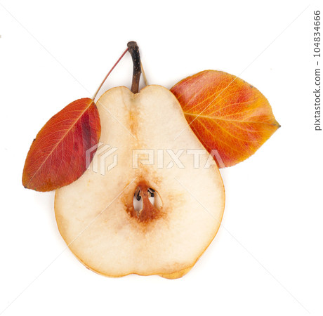 Fresh ripe fruits and slices of pears with leaves isolated on white background 104834666