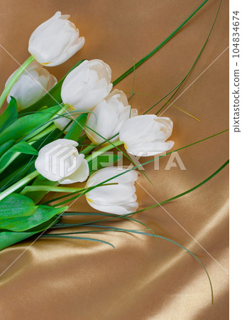 beautiful bright white tulips, yellow flowers on silk background beautiful bright white tulips, yellow flowers on silk background 104834674