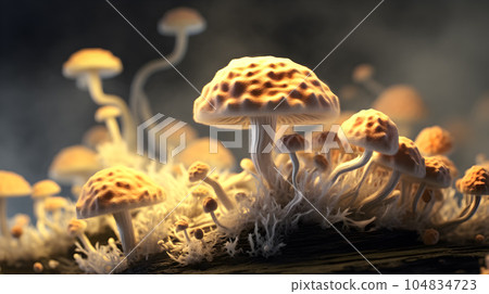 Mushroom with light beam . Created by generative AI . 104834723