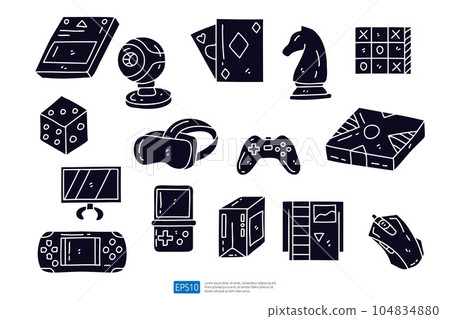 Game doodle icon illustration set. Hand drawing of Game Console Gadget 104834880