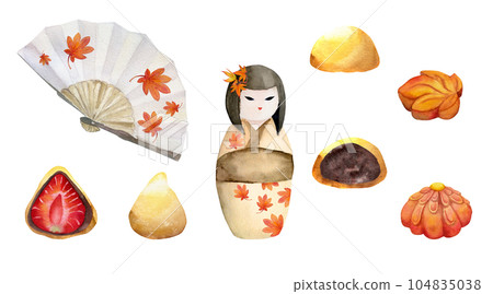 Watercolor hand drawn set of traditional Japanese sweets. Autumn wagashi, fans, kokeshi dolls. Isolated on white background. Design for invitations, restaurant menu, greeting cards, print, textile. Watercolor hand drawn set of traditional Japanese sweets. Autumn wagashi, fans, kokeshi dolls. Isolated on white background. Design for invitations, restaurant menu, greeting cards, print, textile. 104835038