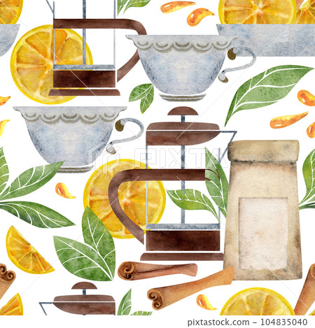 Hand drawn watercolor teaware, tea lemon, dishes crockery porcelain, hot beverage. Seamless pattern isolated on white background. For invitations, cafe, restaurant food menu, print, website, cards 104835040