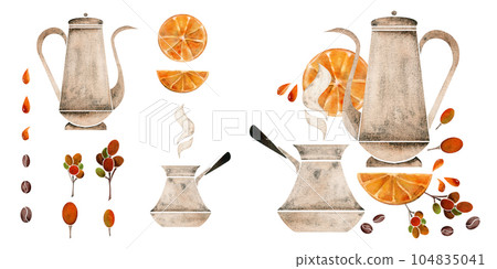 Watercolor hand drawn composition with copper coffee pot, cezve, beans, orange slices, cinnamon sticks. Isolated on white background. For invitations, cafe, restaurant food menu, print, website, cards Watercolor hand drawn composition with copper coffee pot, cezve, beans, orange slices, cinnamon sticks. Isolated on white background. For invitations, cafe, restaurant food menu, print, website, cards 104835041