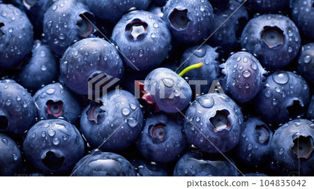 Blueberries background with drops of water. Top down view. Generaive AI 104835042