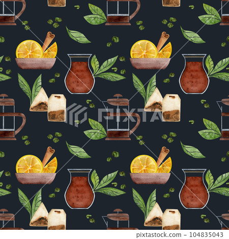 Hand drawn watercolor teaware tea lemon turkish glass crockery cinnamon french press. Seamless pattern isolated on white background. For invitations, cafe, restaurant food menu, print, website, cards 104835043
