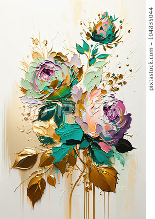 Abstract floral oil painting. Colorful rose bouquet on gold background. Generative AI 104835044
