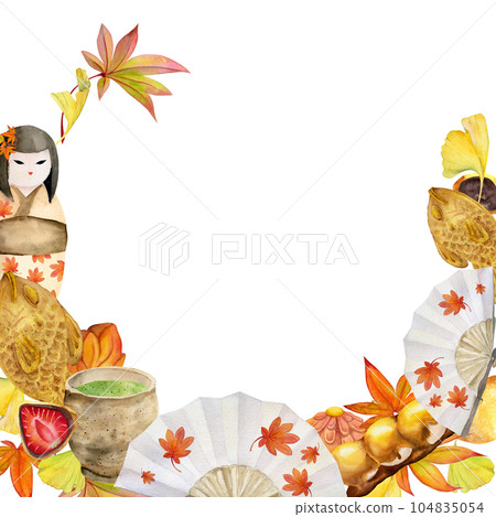 Watercolor hand drawn traditional Japanese sweets. Wreath of autumn wagashi with leaves, objects. Isolated on white background. Design for invitations, restaurant menu, greeting cards, print, textile Watercolor hand drawn traditional Japanese sweets. Wreath of autumn wagashi with leaves, objects. Isolated on white background. Design for invitations, restaurant menu, greeting cards, print, textile 104835054