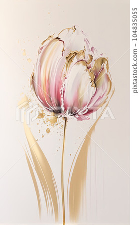 Abstract floral oil painting. Golden and pink pastel tulip on white background. Generative AI 104835055