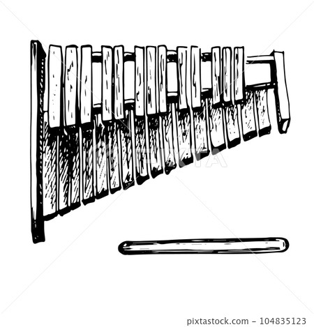Xylophone percussion musical instrument vector illustration isolated. Silhouette of wood instrument ink hand drawn. Design element black white for wrapping, postcard, brochure, poster, textbook 104835123