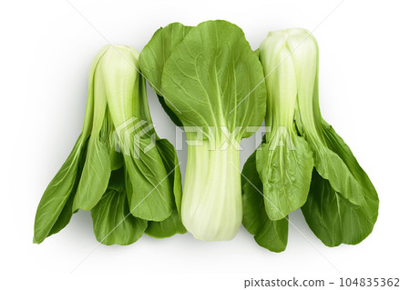 Fresh pak choi cabbage isolated on white background. Top view. Flat lay Fresh pak choi cabbage isolated on white background. Top view. Flat lay 104835362