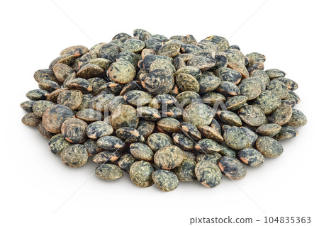 raw french green lentils isolated on white background with full depth of field 104835363
