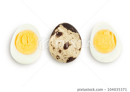 boiled quail egg isolated on white background with full depth of field. Top view. Flat lay 104835371