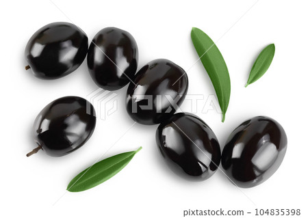 Black olives with leaves isolated on a white background with full depth of field. Top view. Flat lay 104835398