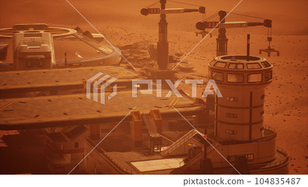 Martian colony base and rover on Mars planet 104835487
