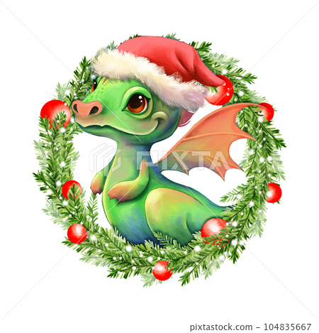 Fantasy cute dragon with Christmas wreath. New Year 2024. Cartoon dragon with fir tree branches. Fantasy cute dragon with Christmas wreath. New Year 2024. Cartoon dragon with fir tree branches. 104835667