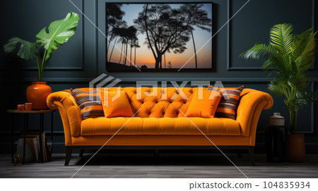 Generative ai illustration of Vivid orange sofa and art poster on stucco wall. 104835934