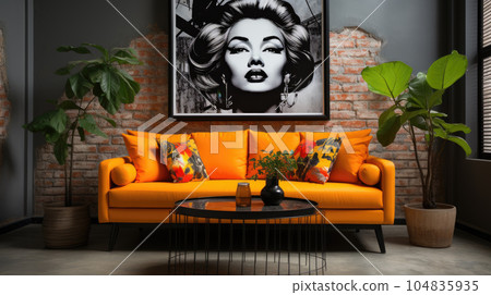 Generative ai illustration of Vivid orange sofa and art poster on stucco wall. Generative ai illustration of Vivid orange sofa and art poster on stucco wall. 104835935