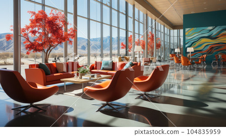 Generative ai illustration of a modern airport lounge space with sleek, 104835959