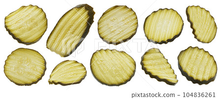 Pickled and marinated zucchini slices isolated on white background Pickled and marinated zucchini slices isolated on white background 104836261