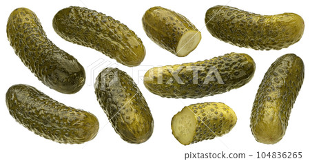 Marinated cucumbers, pickled gherkins isolated on white background Marinated cucumbers, pickled gherkins isolated on white background 104836265