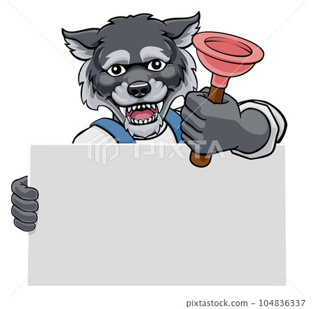 Plumber Wolf Plunger Cartoon Plumbing Mascot Plumber Wolf Plunger Cartoon Plumbing Mascot 104836337