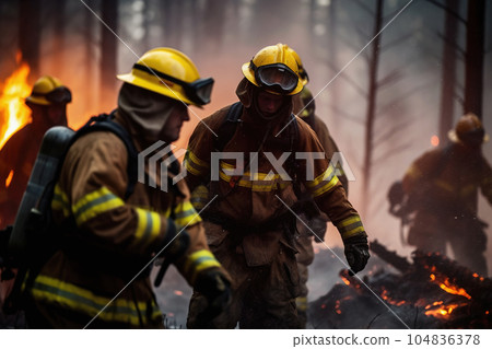 Firefighters battling forest fire. Natural disaster accident. Generative AI 104836378