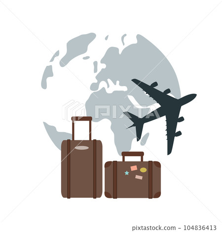 plane flying around the globe with suitcase travel concept 104836413